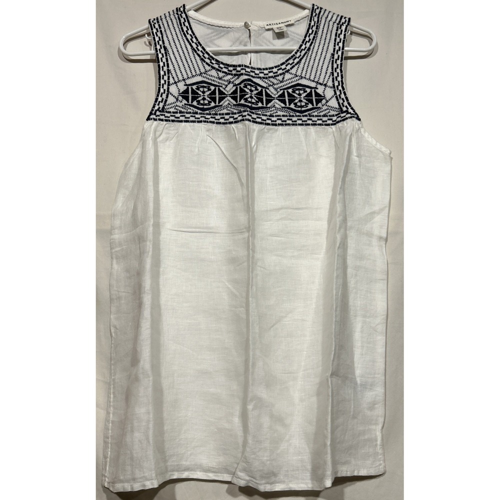 Art to Wear White Linen Tunic Tank Navy Embroidery Size M Keyhole Button on Back